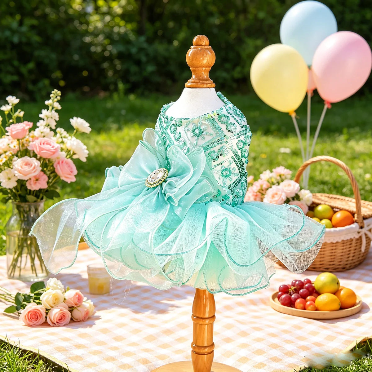Mint Sequin & Tulle Pet Dress with Statement Bow