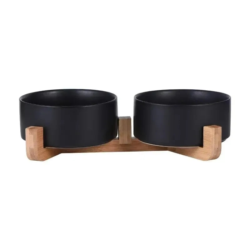 Ceramic Pet Bowl & Wooden Holder in Two Sizes