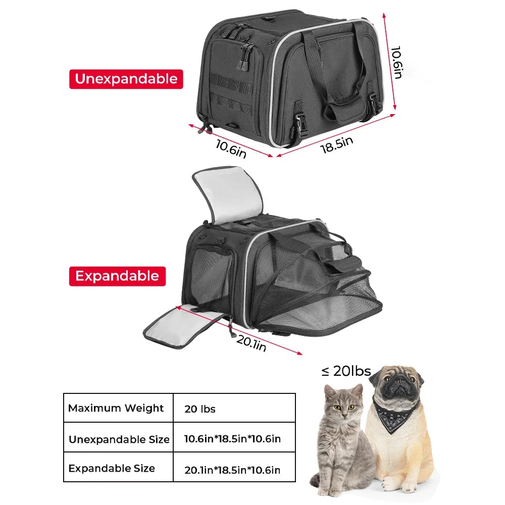 Black Pet Travel Carrier with Mesh Panels & Storage Pockets