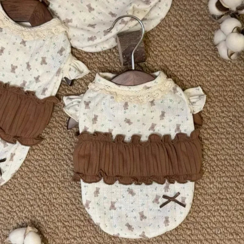 Bear-Print Pet Top with Lace Collar & Brown Ruffle
