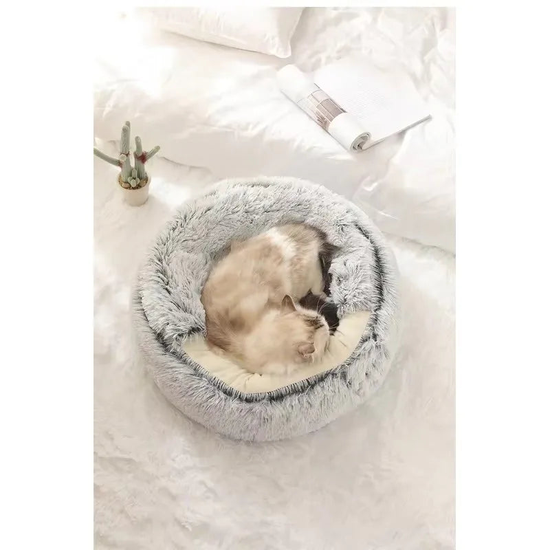 Shaggy Plush Cat Cave Bed with Snuggle Cover