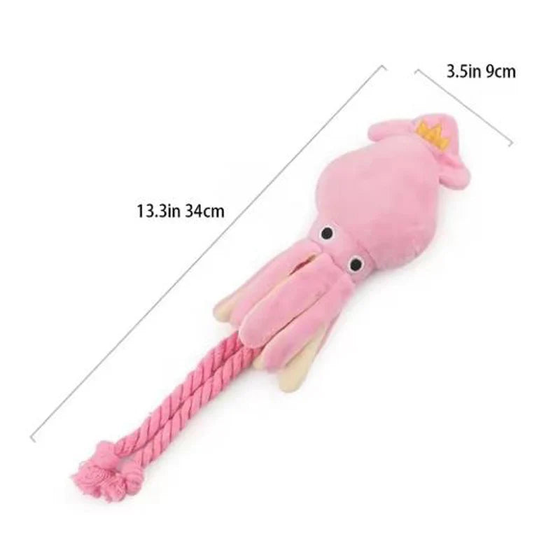 Pink Squeaky Octopus Dog Toy with Rope Tentacles