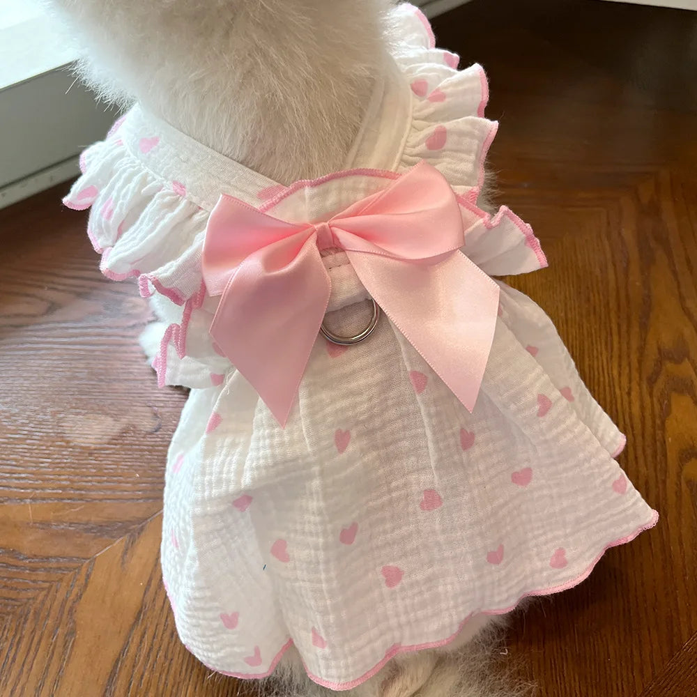Heart-Print Pet Dress with Ruffle Collar & Bow