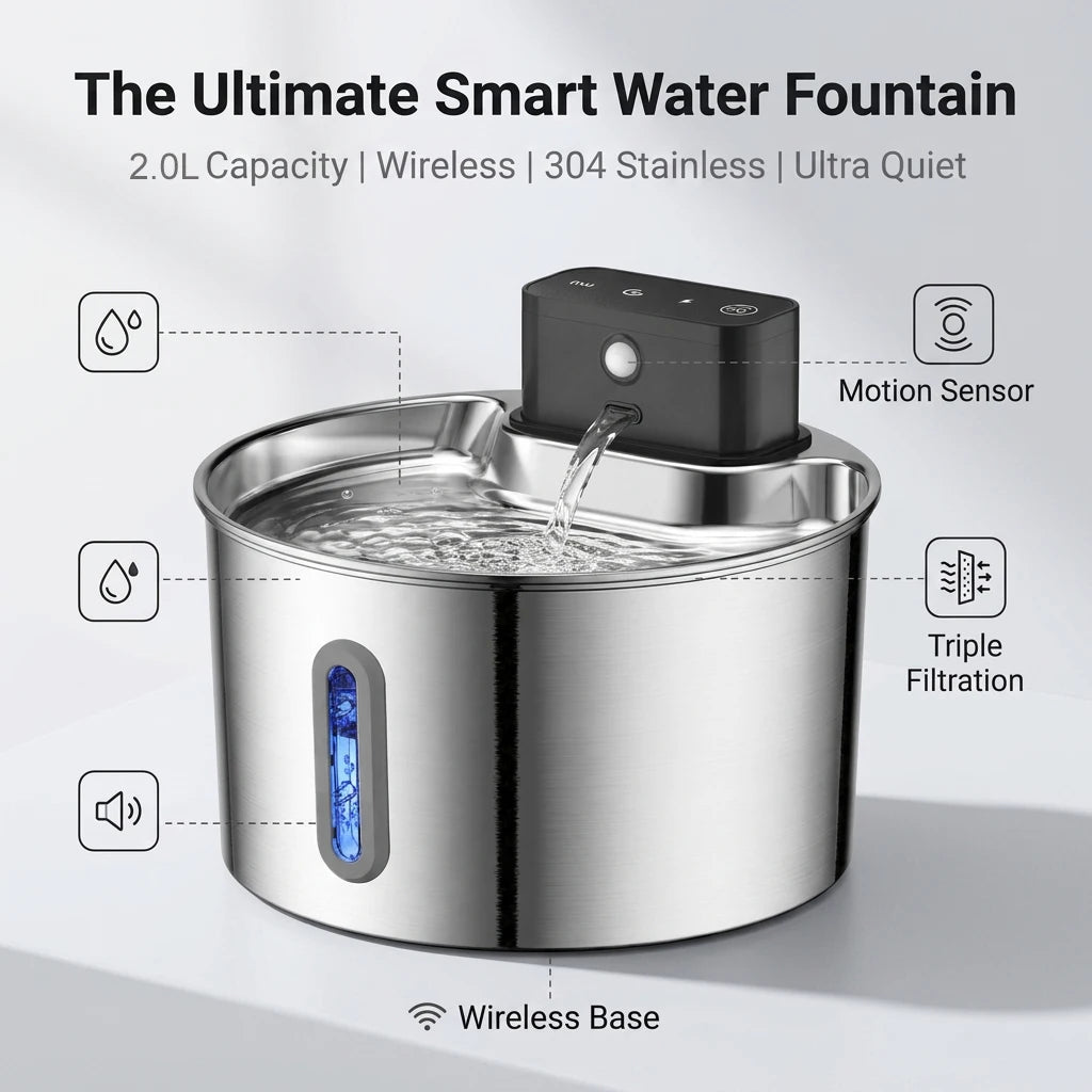 Stainless Steel Motion-Sensor Pet Water Fountain, 2L–2.2L