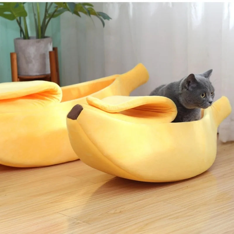 Banana-Shaped Cat Bed with Peel-Back Cover