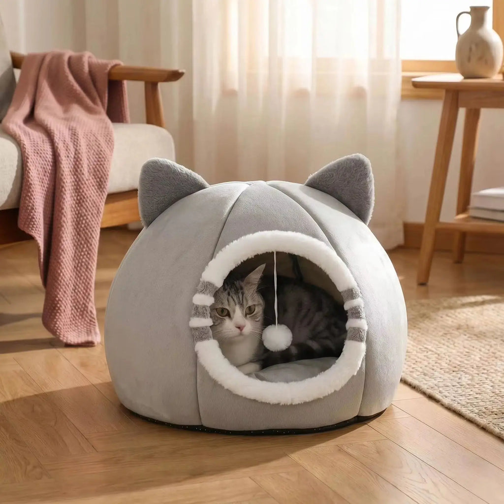 Gray Cat-Face Plush Cave Bed with Pom-Pom