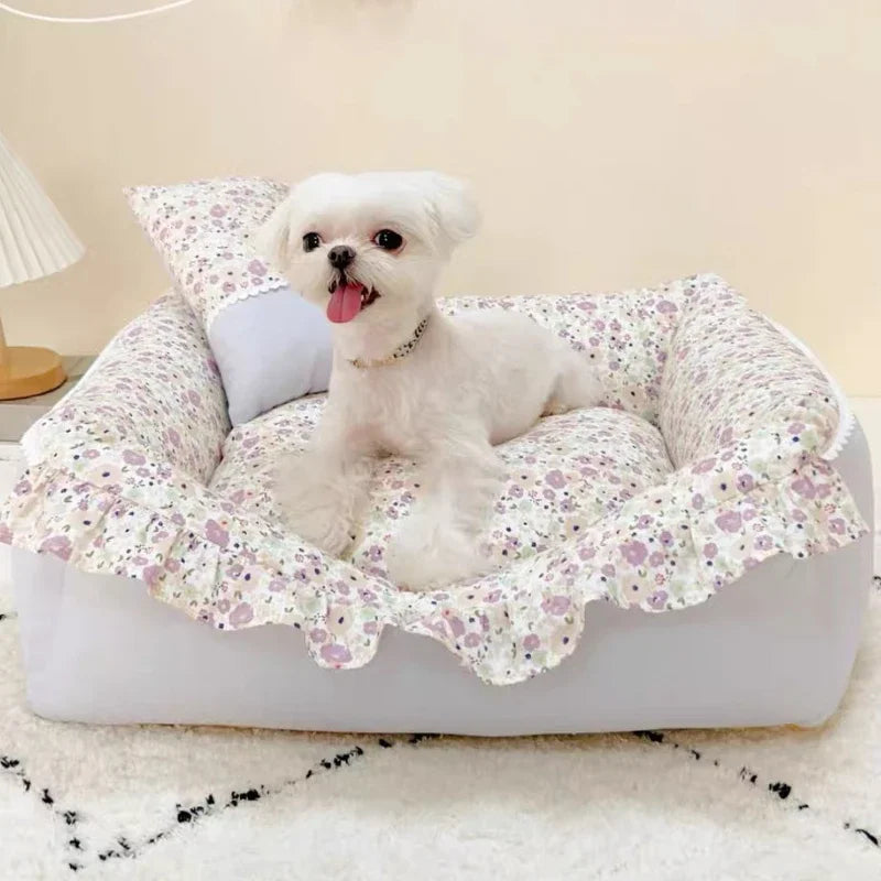 Ruffled Cotton Pet Sofa Bed for Dogs & Cats