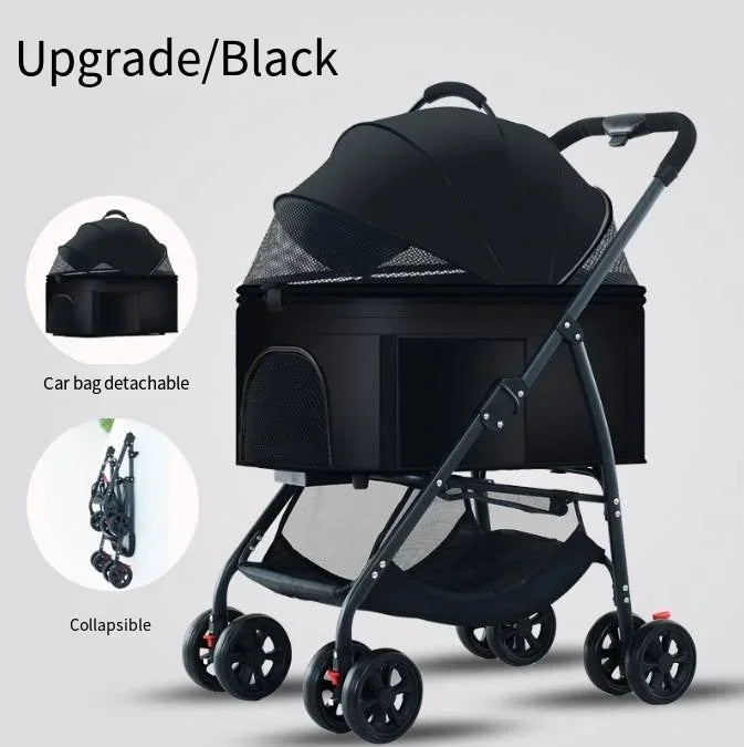 Folding Pet Stroller with Detachable Basket & Mesh Canopy