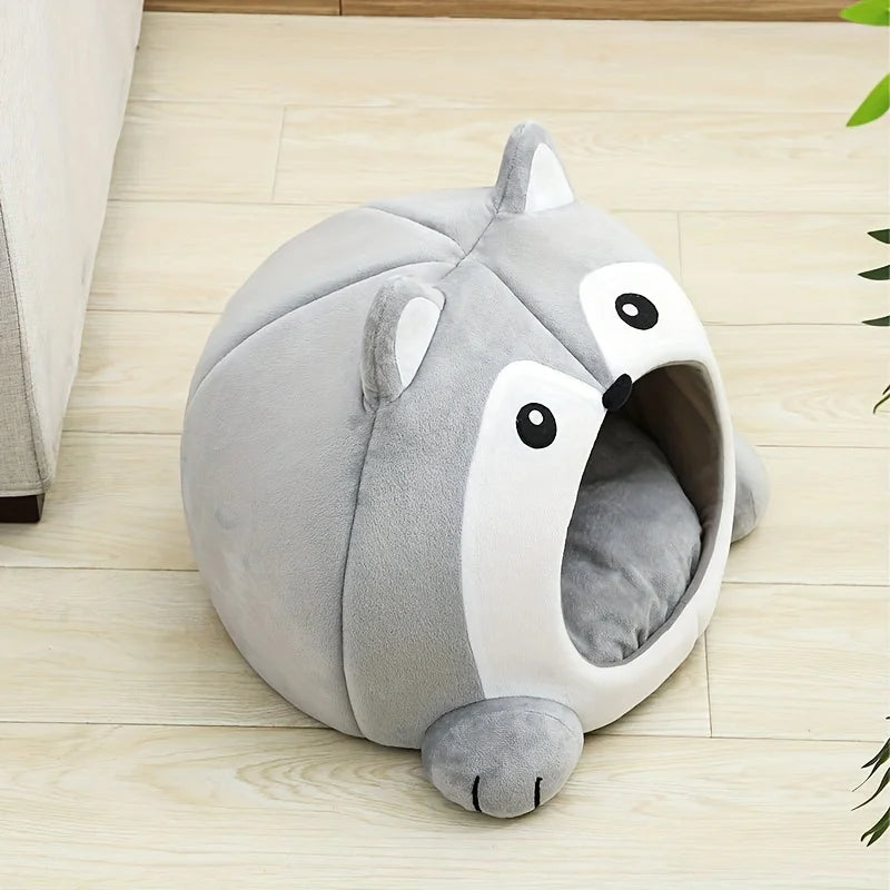 Gray Cat-Face Plush Cave Bed with Pom-Pom