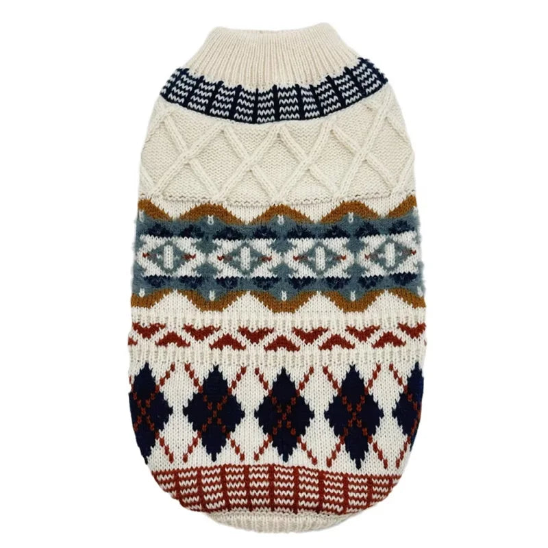 Cream Geometric-Knit Dog Sweater with Ribbed Collar