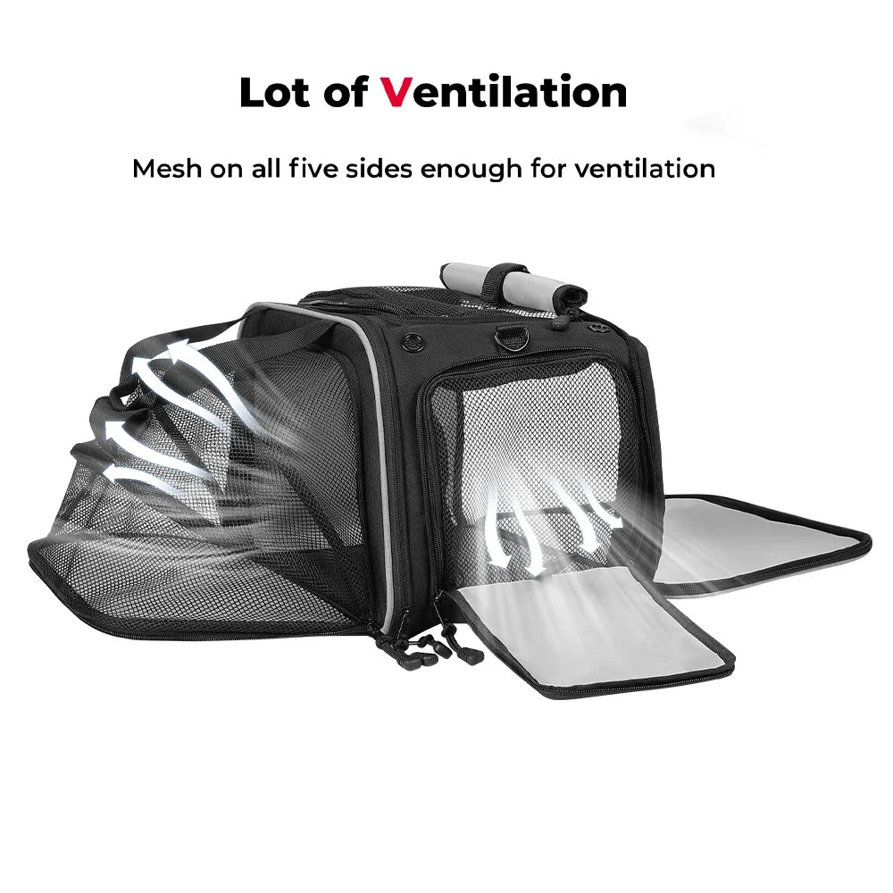 Black Pet Travel Carrier with Mesh Panels & Storage Pockets