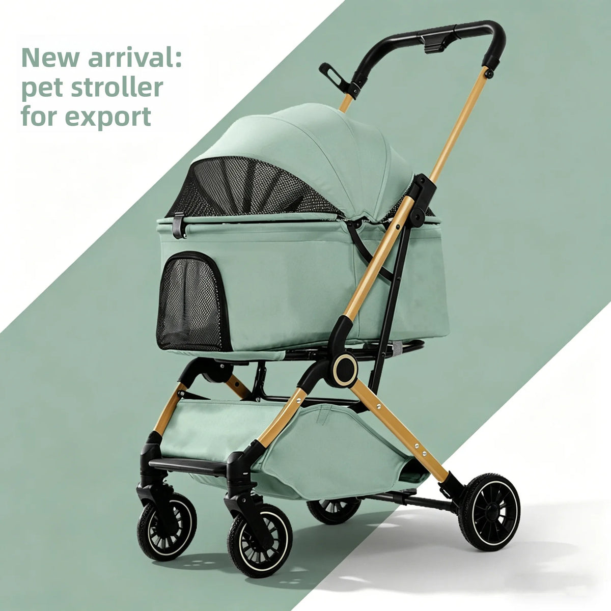 Quick-Fold Pet Stroller with Mesh Canopy & Storage Basket