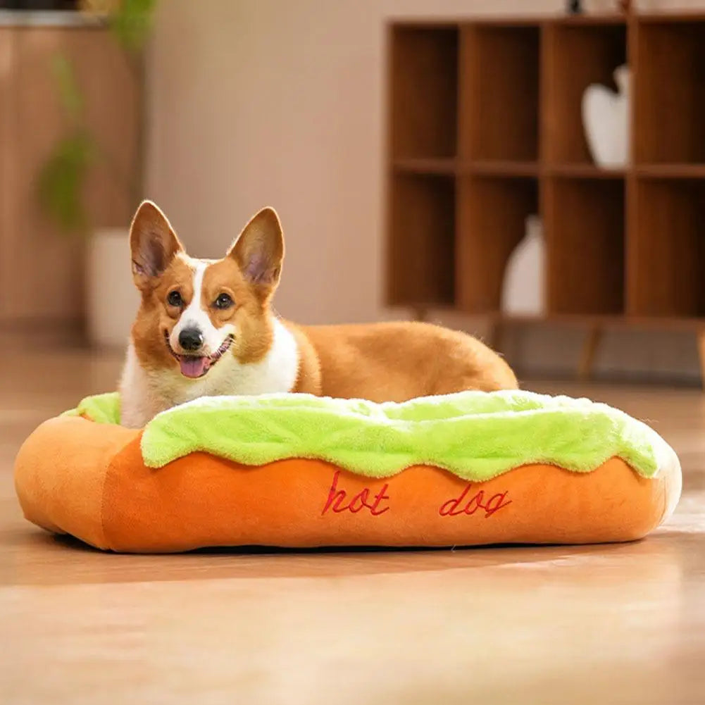 Hot Dog-Shaped Plush Bed for Small Dogs & Cats