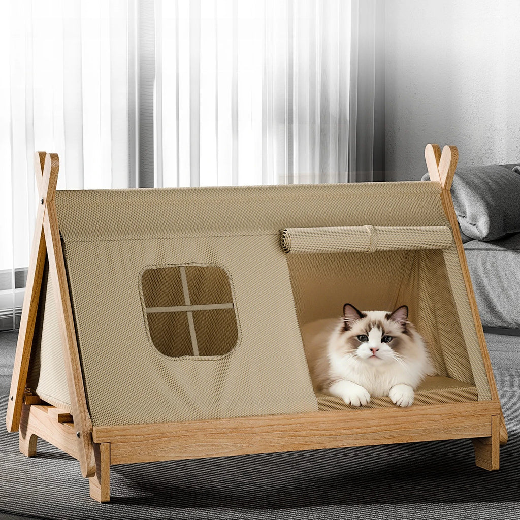 Elevated Wooden Cat Tent Bed with Peekaboo Window