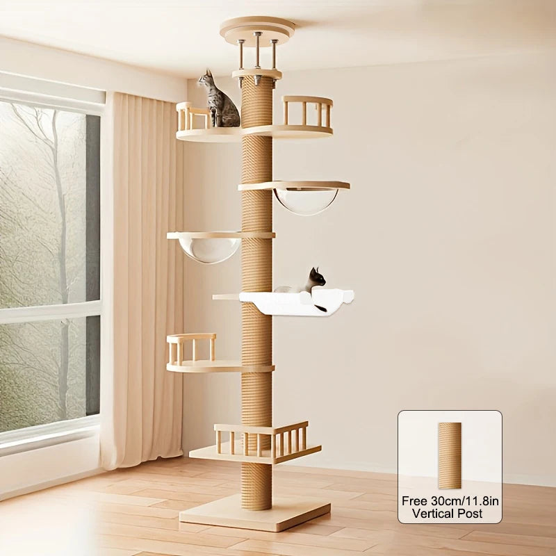 Floor-to-Ceiling Cat Tree with Clear Bowls & Hammock