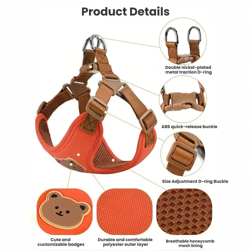 Bear-Patch Pet Harness & Matching Leash Set