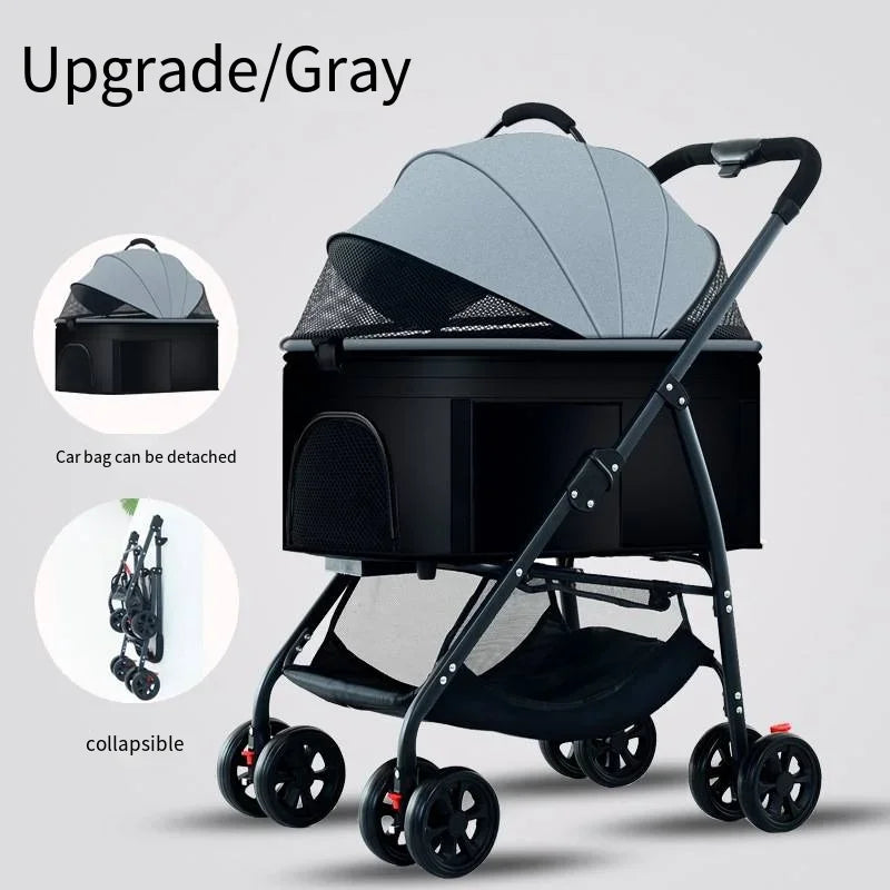 Folding Pet Stroller with Detachable Basket & Mesh Canopy