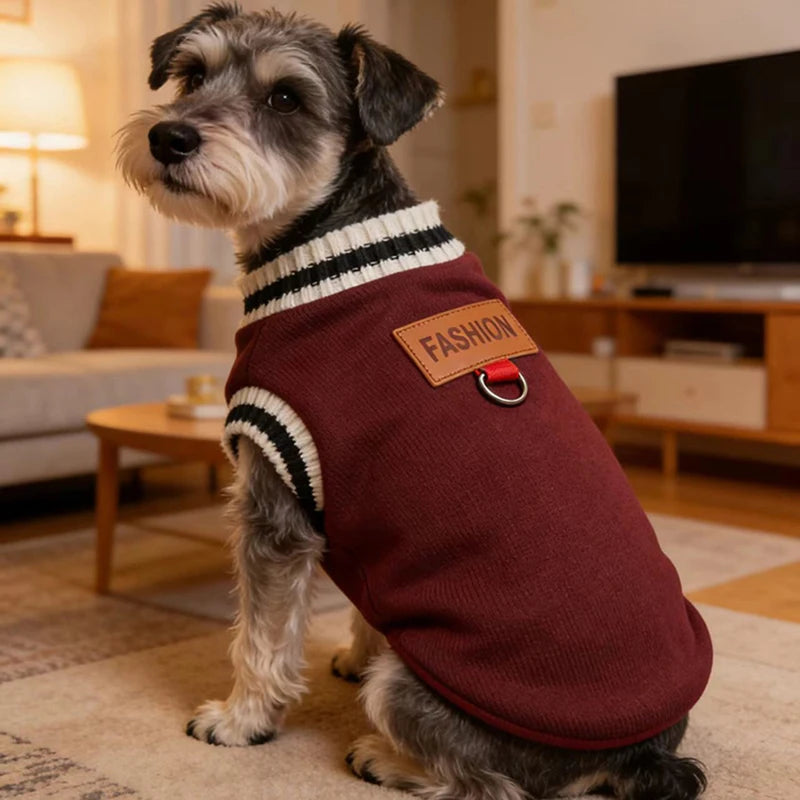 Striped-Trim Pet Sweater Vest with Back Patch
