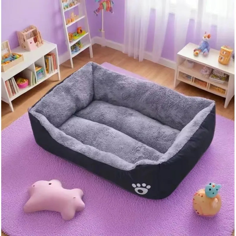 Plush-Lined Rectangular Pet Bed with Paw Detail