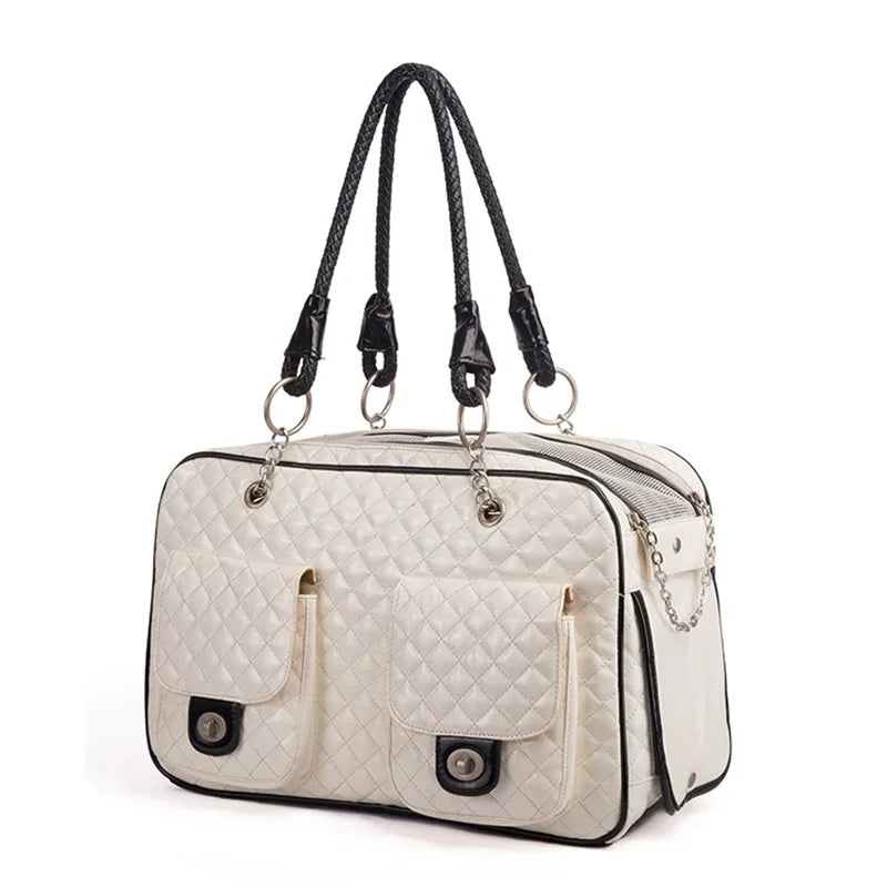 Quilted Pet Carrier Handbag with Braided Handles