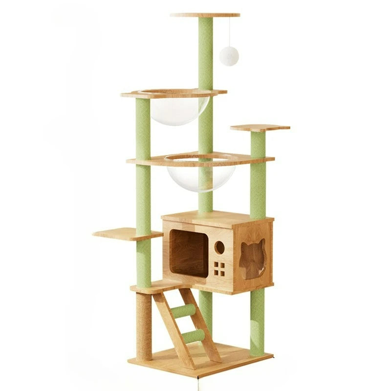 Wood-Look Cat Tower with Clear Lounging Bowls & Hideaway