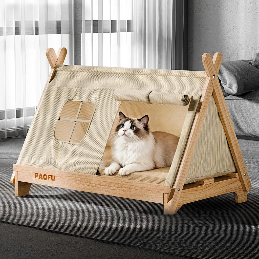 Elevated Wooden Cat Tent Bed with Peekaboo Window