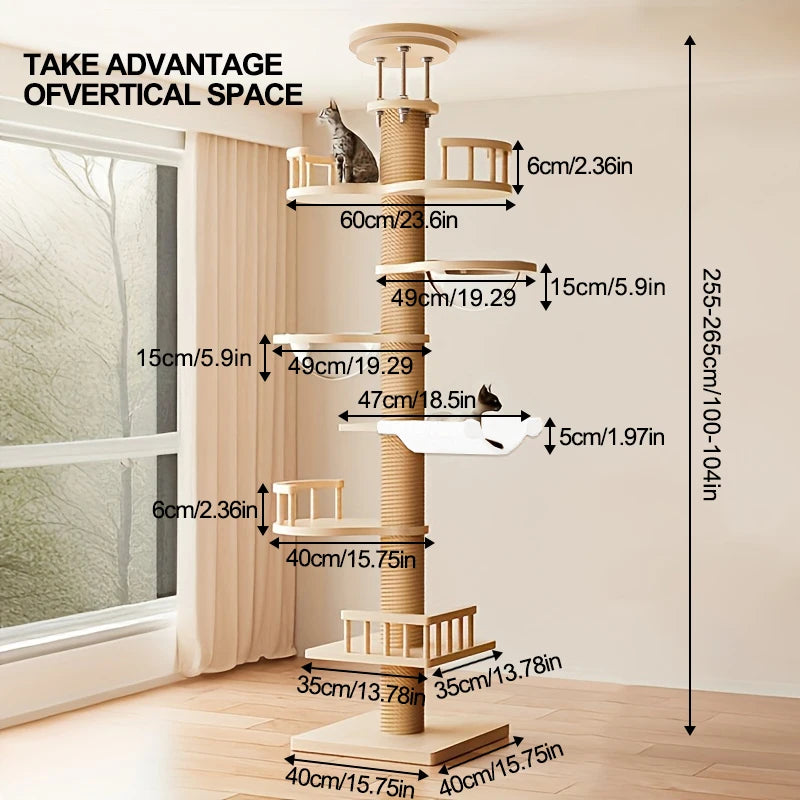 Floor-to-Ceiling Cat Tree with Clear Bowls & Hammock