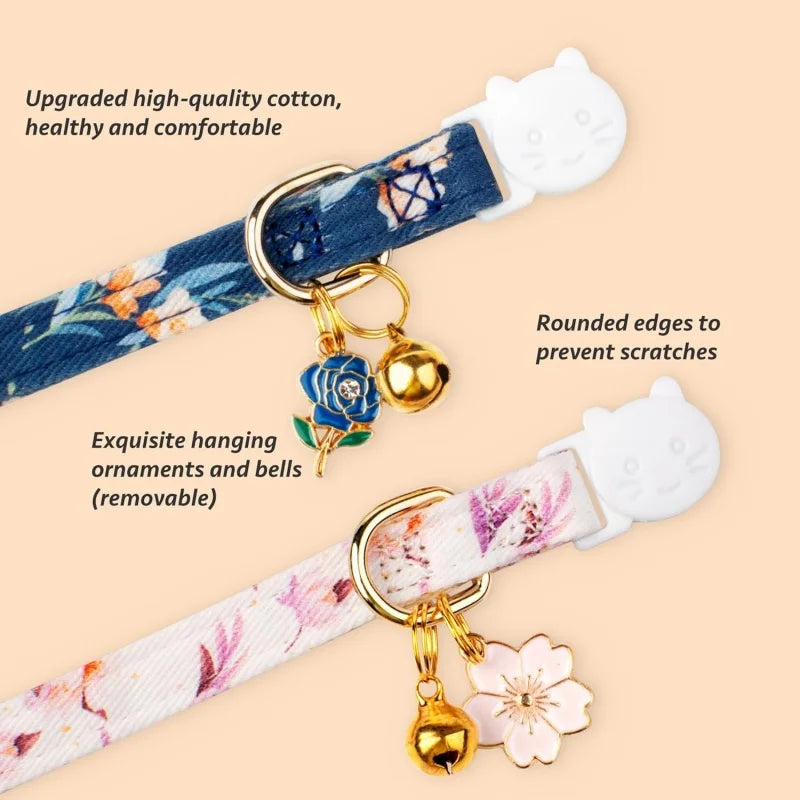 Floral Cotton Cat Collar with Bell & Flower Charm