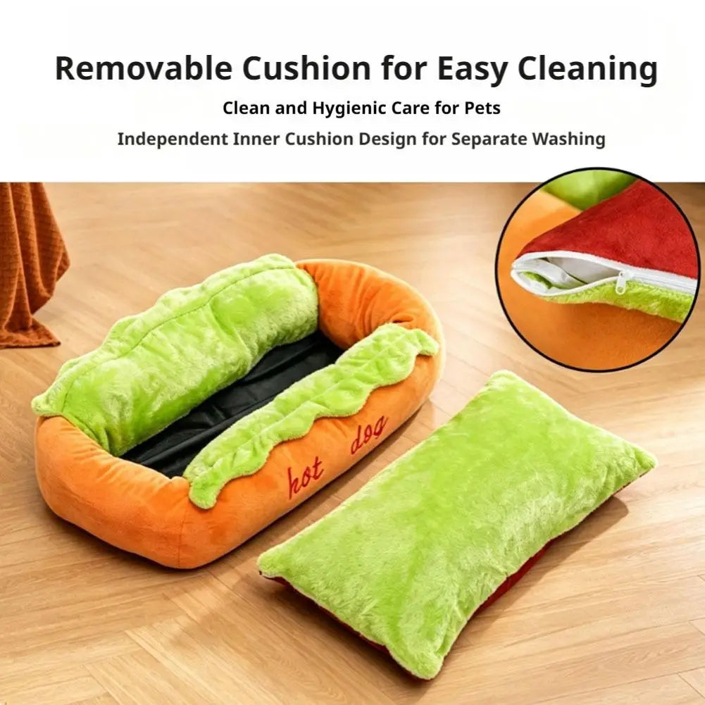 Hot Dog-Shaped Plush Bed for Small Dogs & Cats