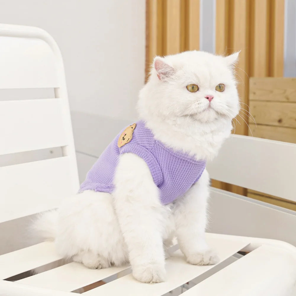 Waffle-Texture Bear-Patch Cat Vest