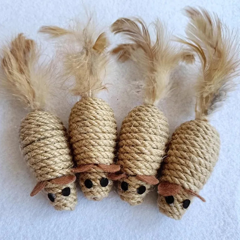 Sisal Mouse Cat Toys with Feather Tails