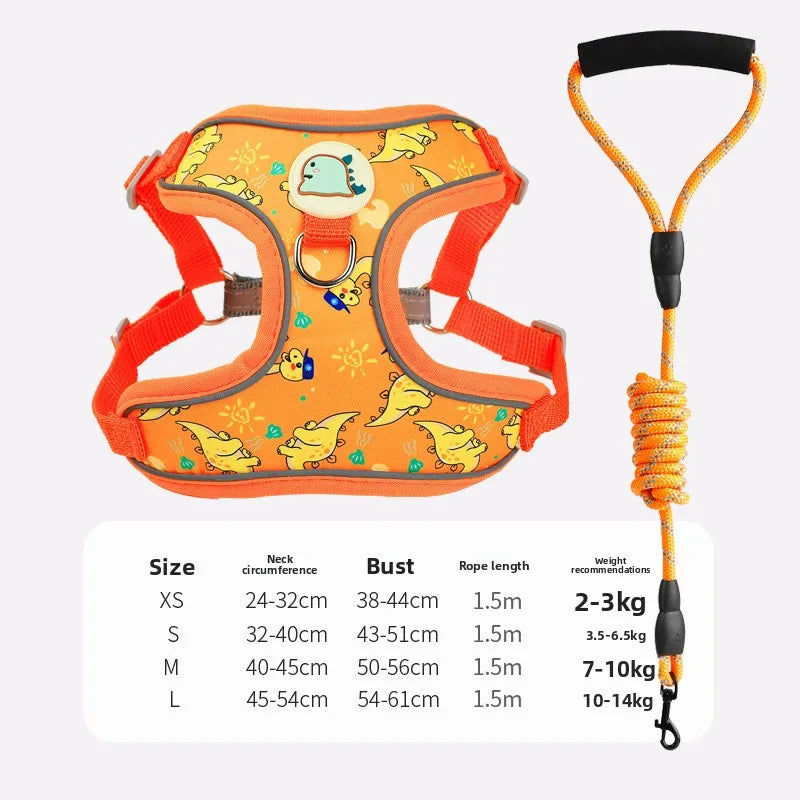 Cartoon-Print Pet Vest Harness, Harness or Leash Option