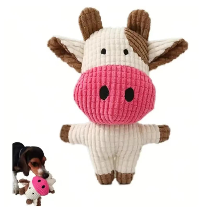 Ribbed Plush Cow Dog Toy with Pink Nose
