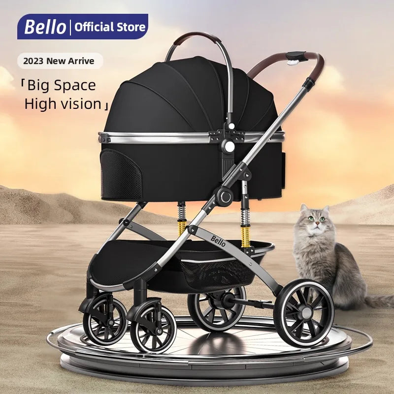 Folding Pet Stroller with Detachable Basket & Canopy