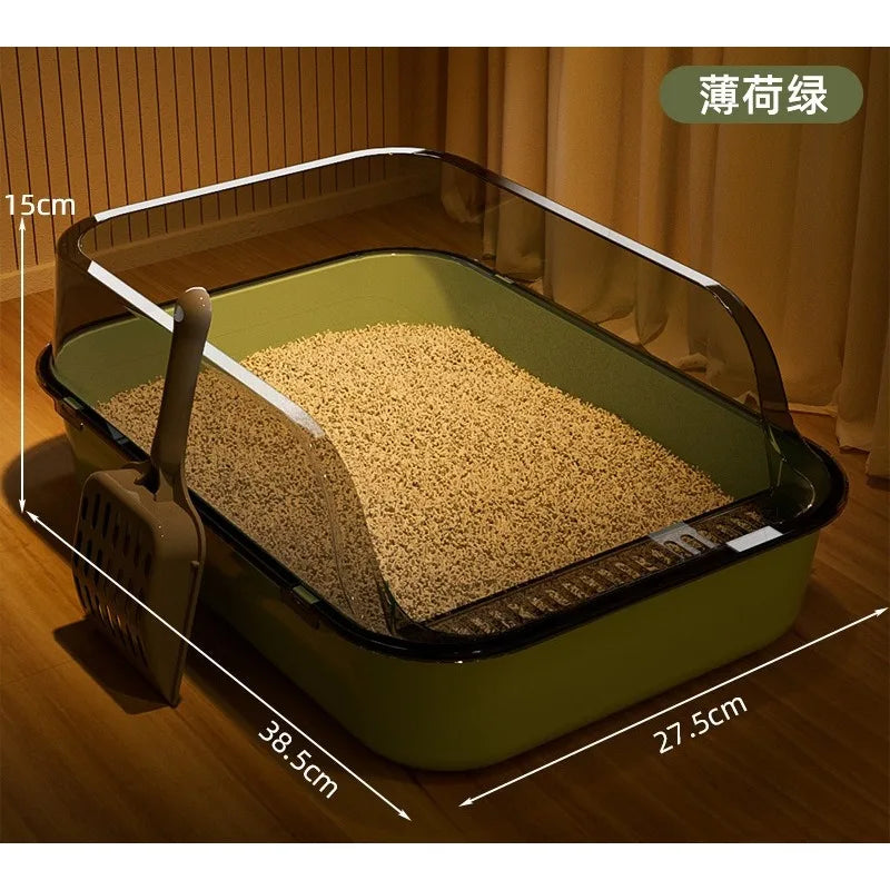 Open-Top Cat Litter Tray with Translucent Splash Guard