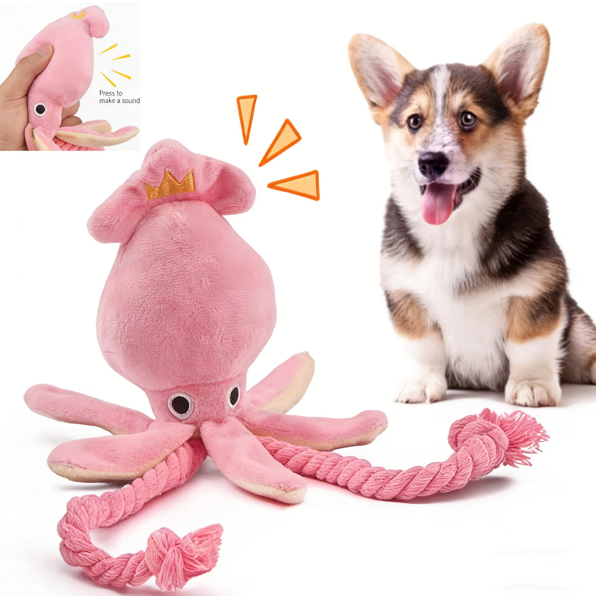 Pink Squeaky Octopus Dog Toy with Rope Tentacles