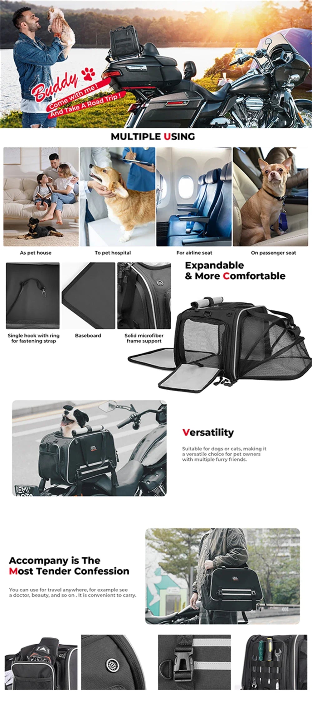 Black Pet Travel Carrier with Mesh Panels & Storage Pockets