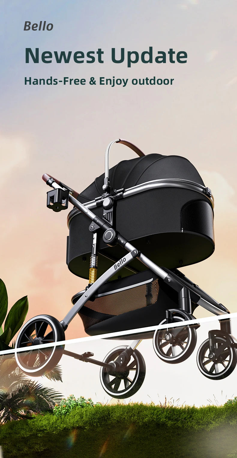 Folding Pet Stroller with Detachable Basket & Canopy