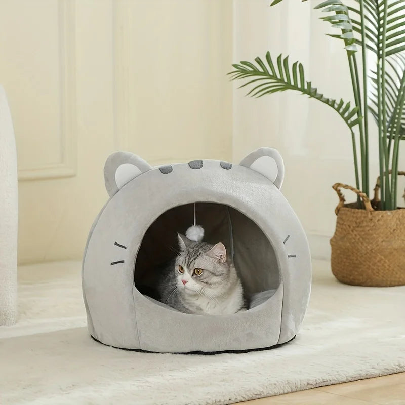 Gray Cat-Face Plush Cave Bed with Pom-Pom
