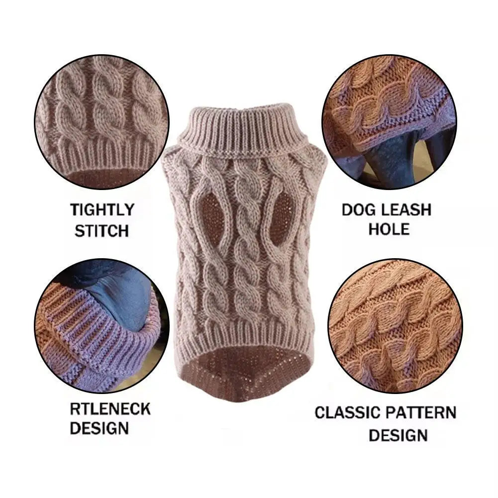 Solid Cable-Knit Pet Sweater with Ribbed Turtleneck