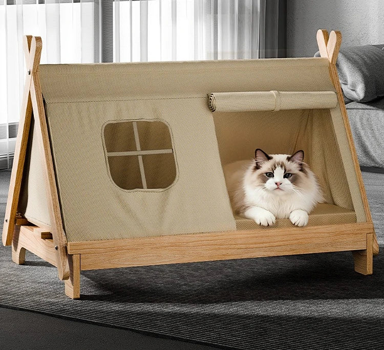 Elevated Wooden Cat Tent Bed with Peekaboo Window