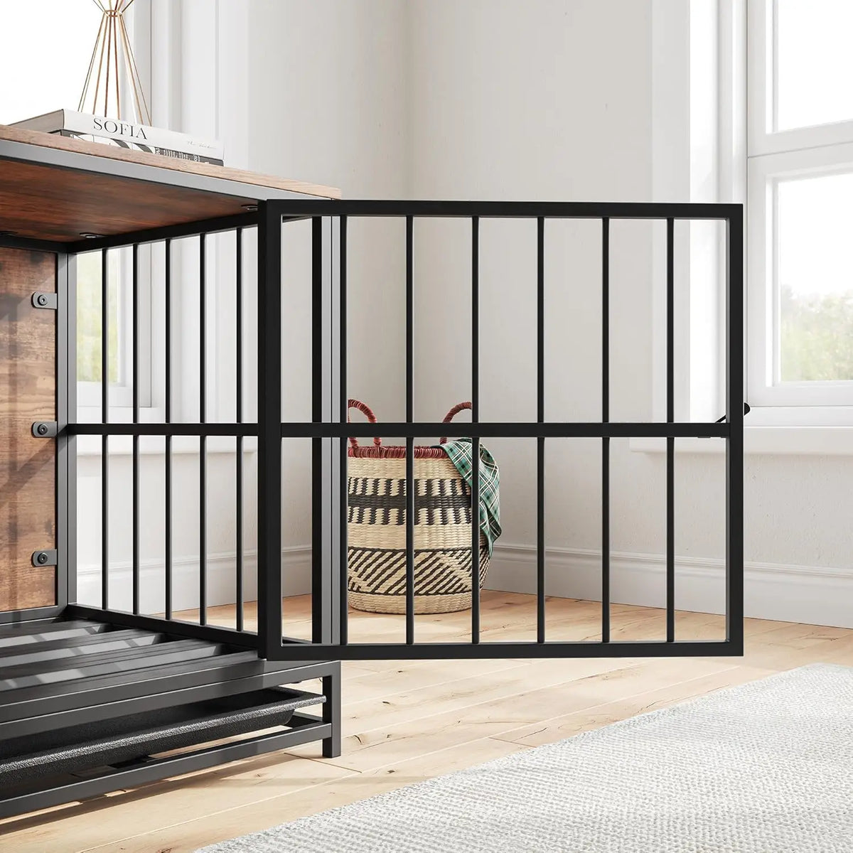 Furniture-Style Dog Crate Side Table with Double Doors & Tray