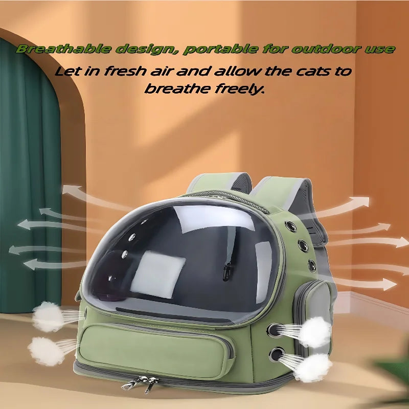 Green Clear-Front Cat Carrier Backpack with Storage Pockets