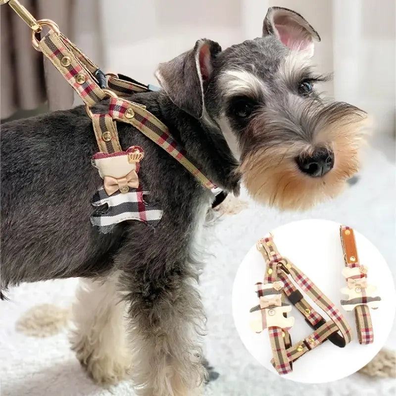 Plaid Bear-Detail Pet Harness & Matching Leash Set