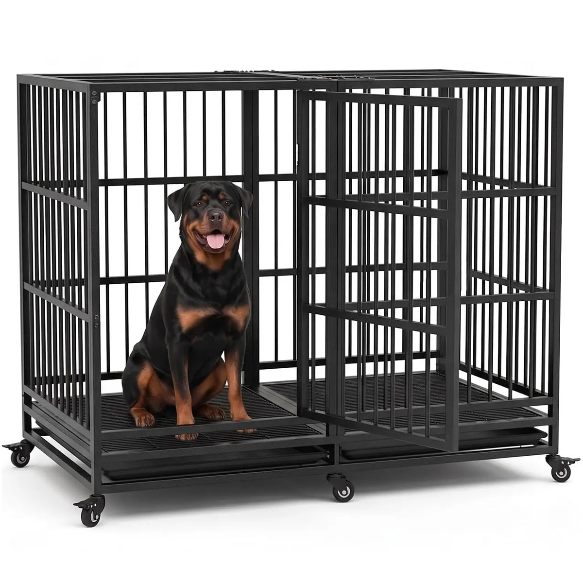 54-Inch Steel Dog Crate with Wheels & Removable Trays, Black