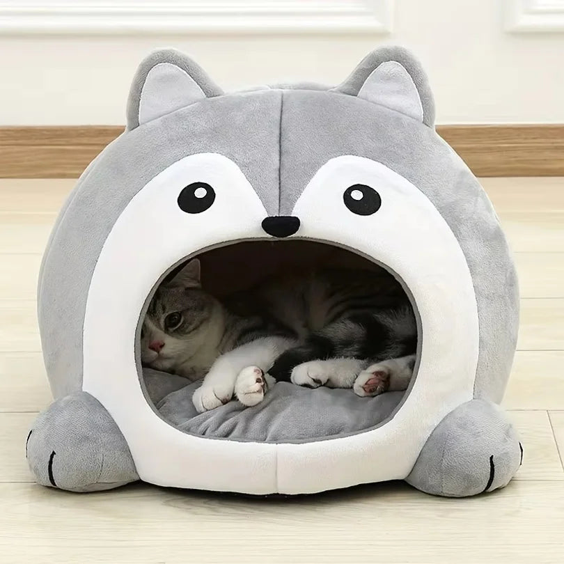 Gray Cat-Face Plush Cave Bed with Pom-Pom