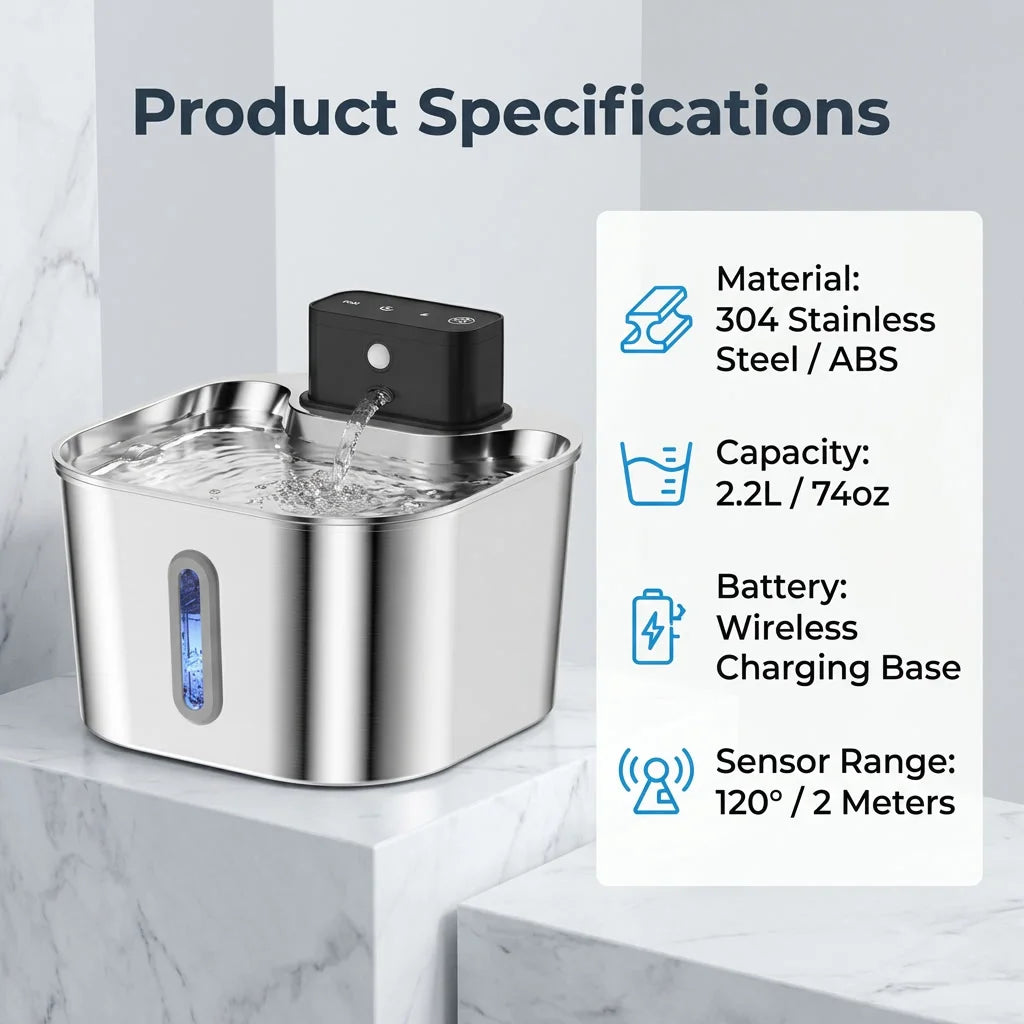 Stainless Steel Motion-Sensor Pet Water Fountain, 2L–2.2L