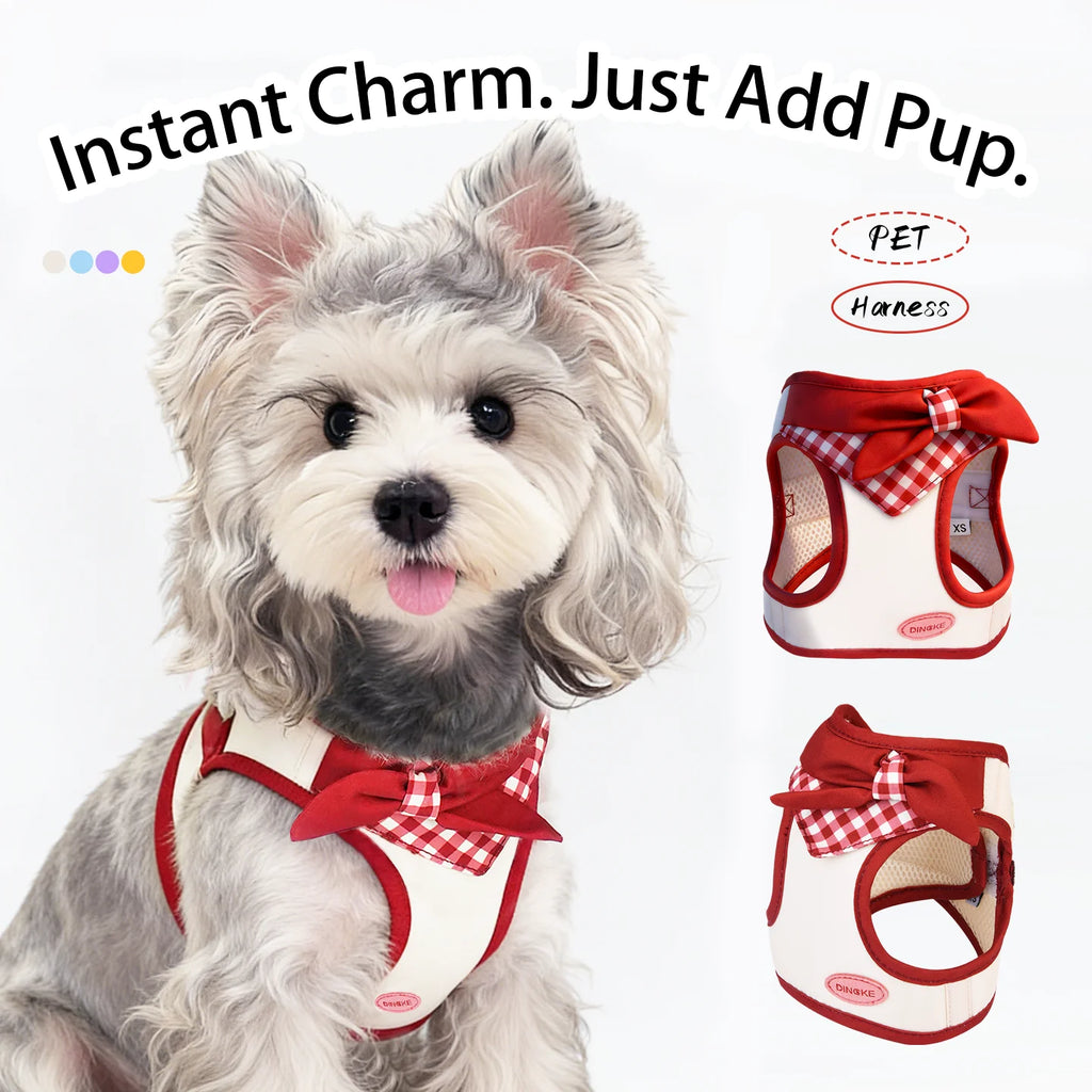 Bow-Detail Pet Vest Harness with Gingham Accent