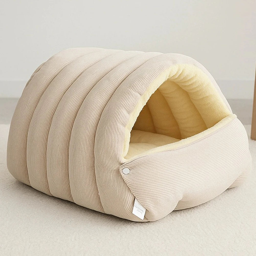 Ribbed Plush Cave Bed for Cats & Small Dogs