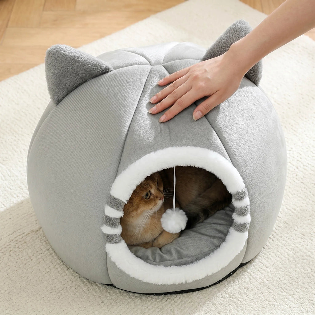 Gray Cat-Face Plush Cave Bed with Pom-Pom